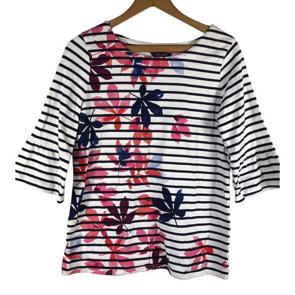 Joules Shirt Knit Top US 8 / UK 12 Stripe 3/4 Sleeve Floral White Blue Pink - Picture 1 of 9